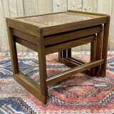 Set of 3 teak nesting tables from the 1970s, tiled top