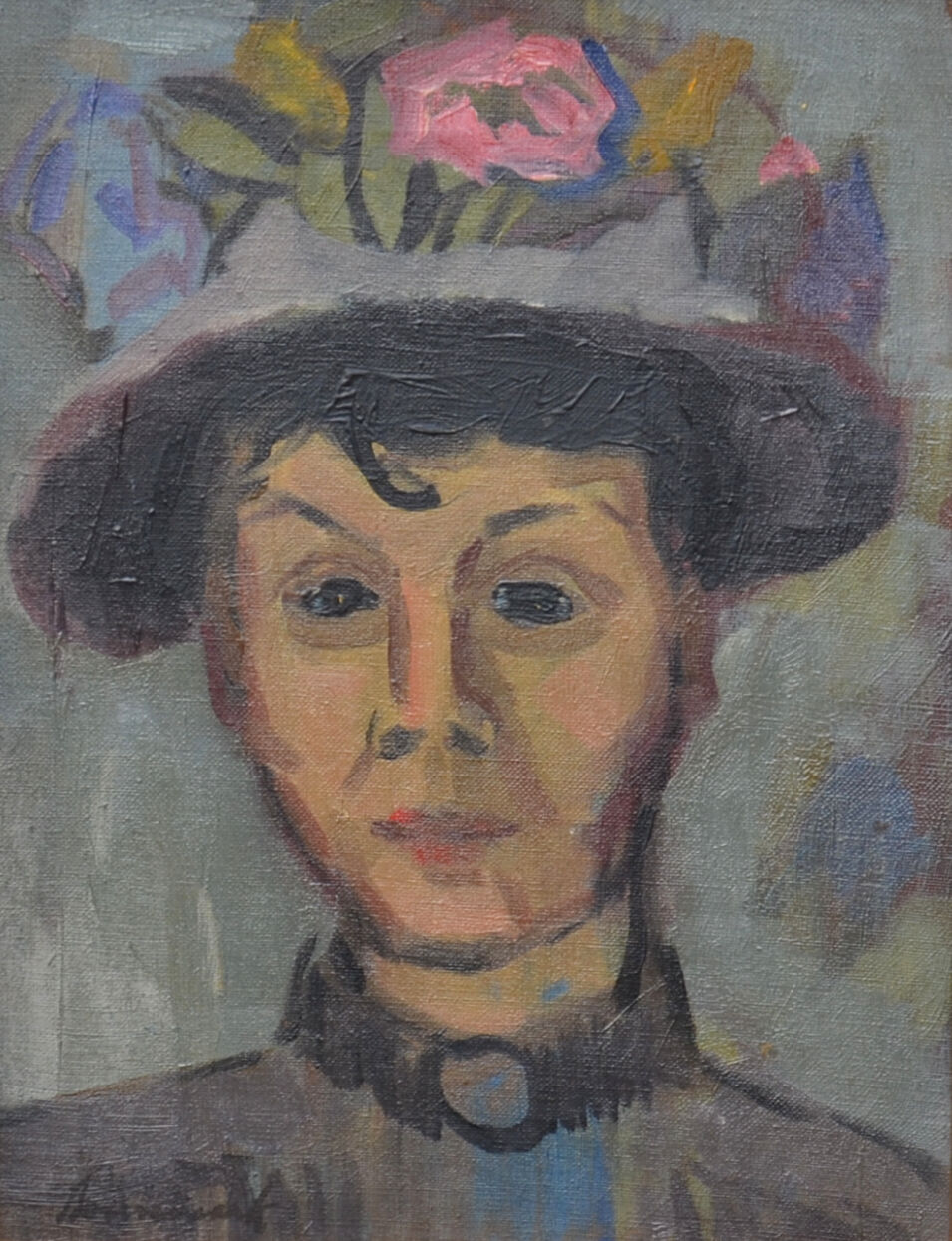 Oil portrait woman in hat with flouvers, framed