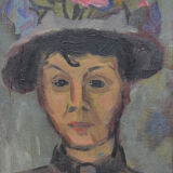Oil portrait woman in hat with flouvers, framed