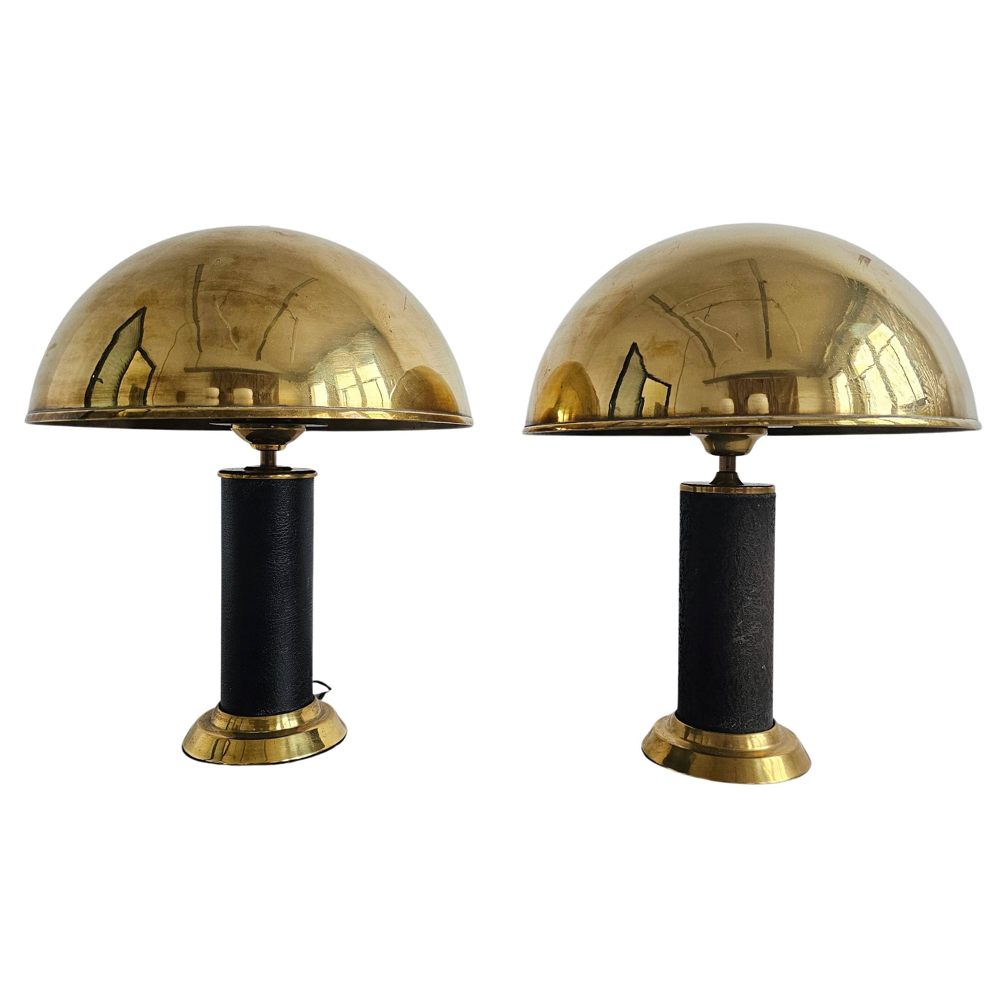 Pair of Mid Century Modern table lamps in brass and leather 1960