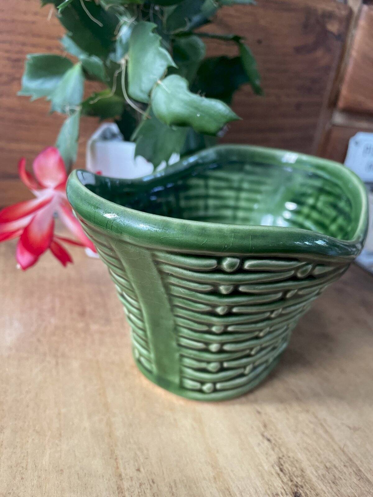 German ceramic pot, green wickerwork effect