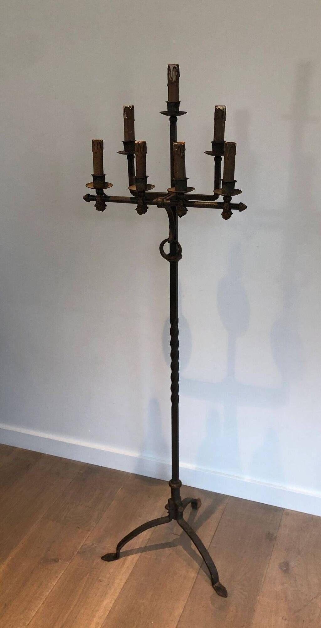 Parquet Floor Lamp in Wrought Iron and Gilded Iron, Art Deco, French Work,