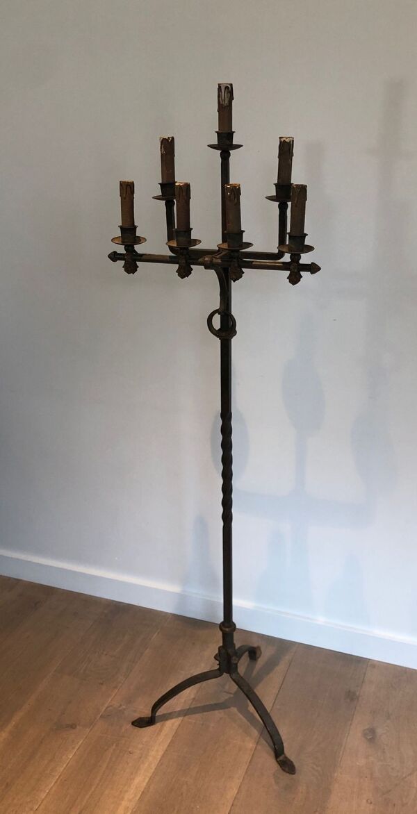 Lampadaire de Parquet en Fer Forgé et Fer Doré, Art Déco, Travail Français,