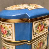 Domed porcelain box polychrome floral decoration on blue background brand Sèvres