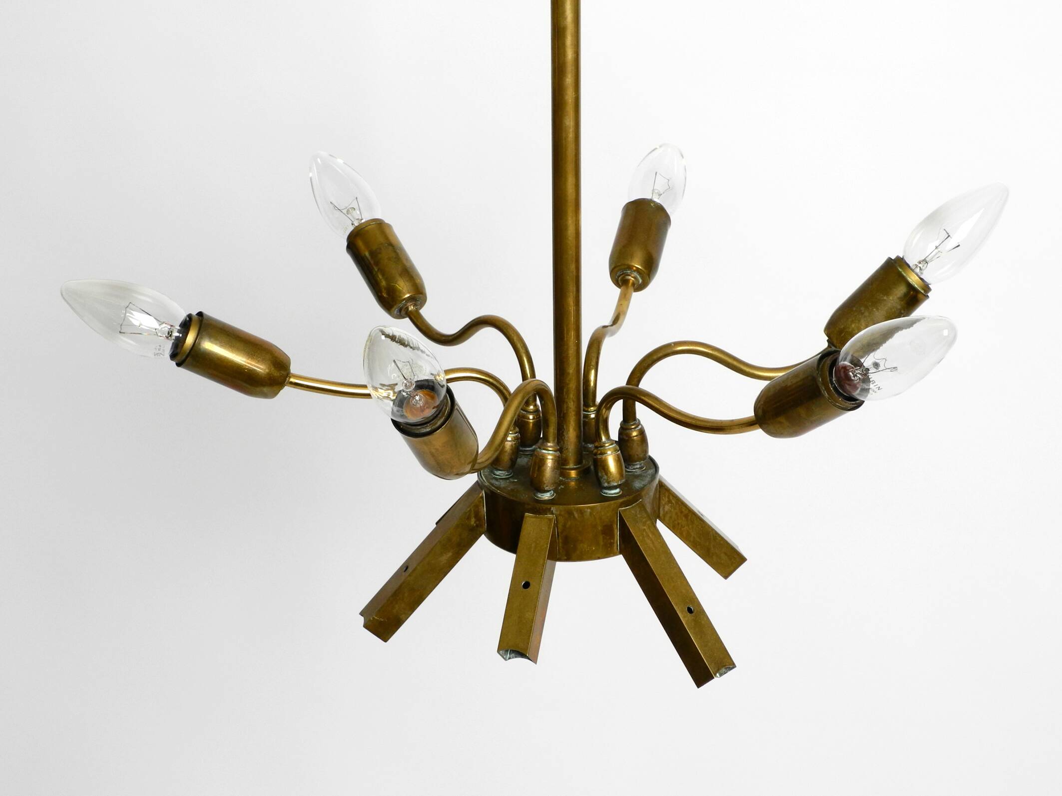 50s brass chandelier with white and transparent Murano glasses Franco Luce