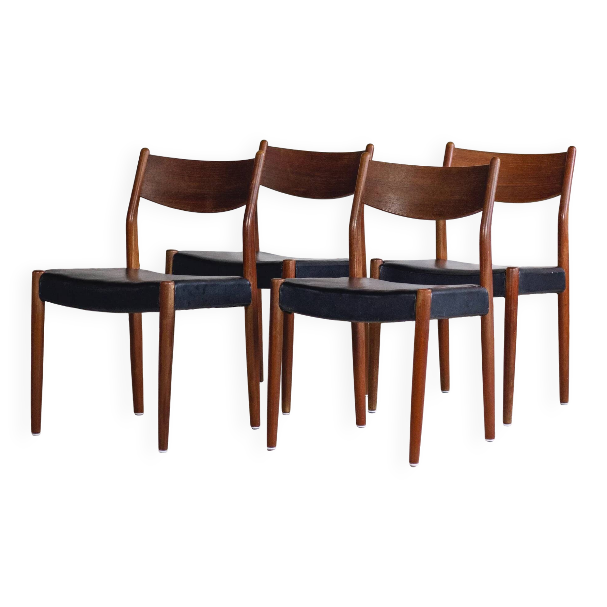 4 Scandinavian Fristho Franeker chairs in teak and faux leather, 1960.