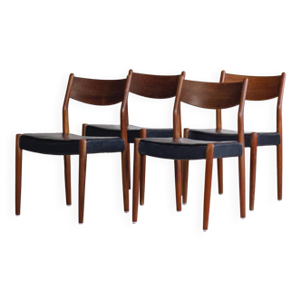 4 Scandinavian Fristho Franeker chairs in teak and faux leather, 1960.