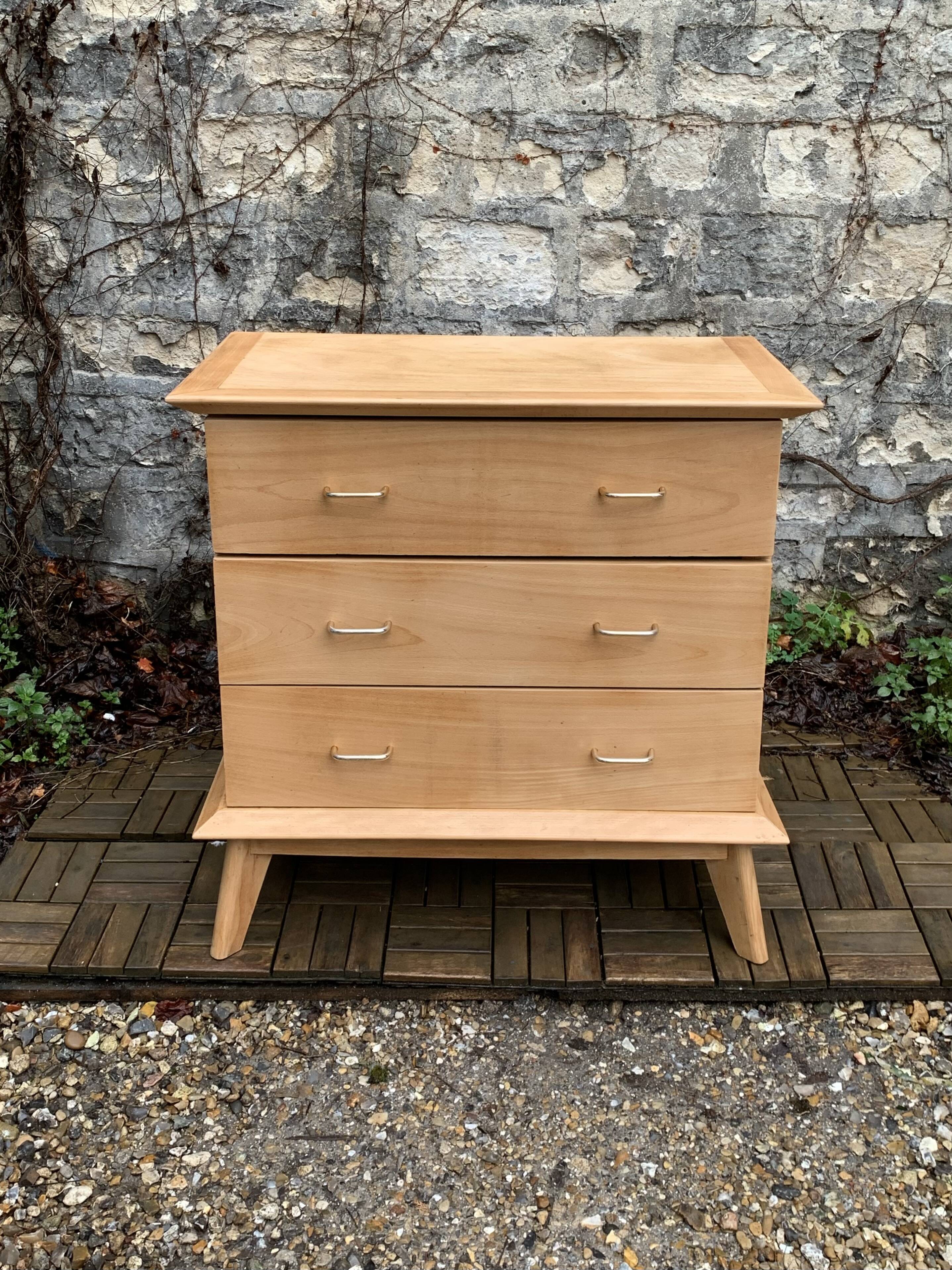 Vintage chest of drawers with compass feet, solid raw beech, 1960s
