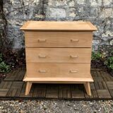 Vintage chest of drawers with compass feet, solid raw beech, 1960s