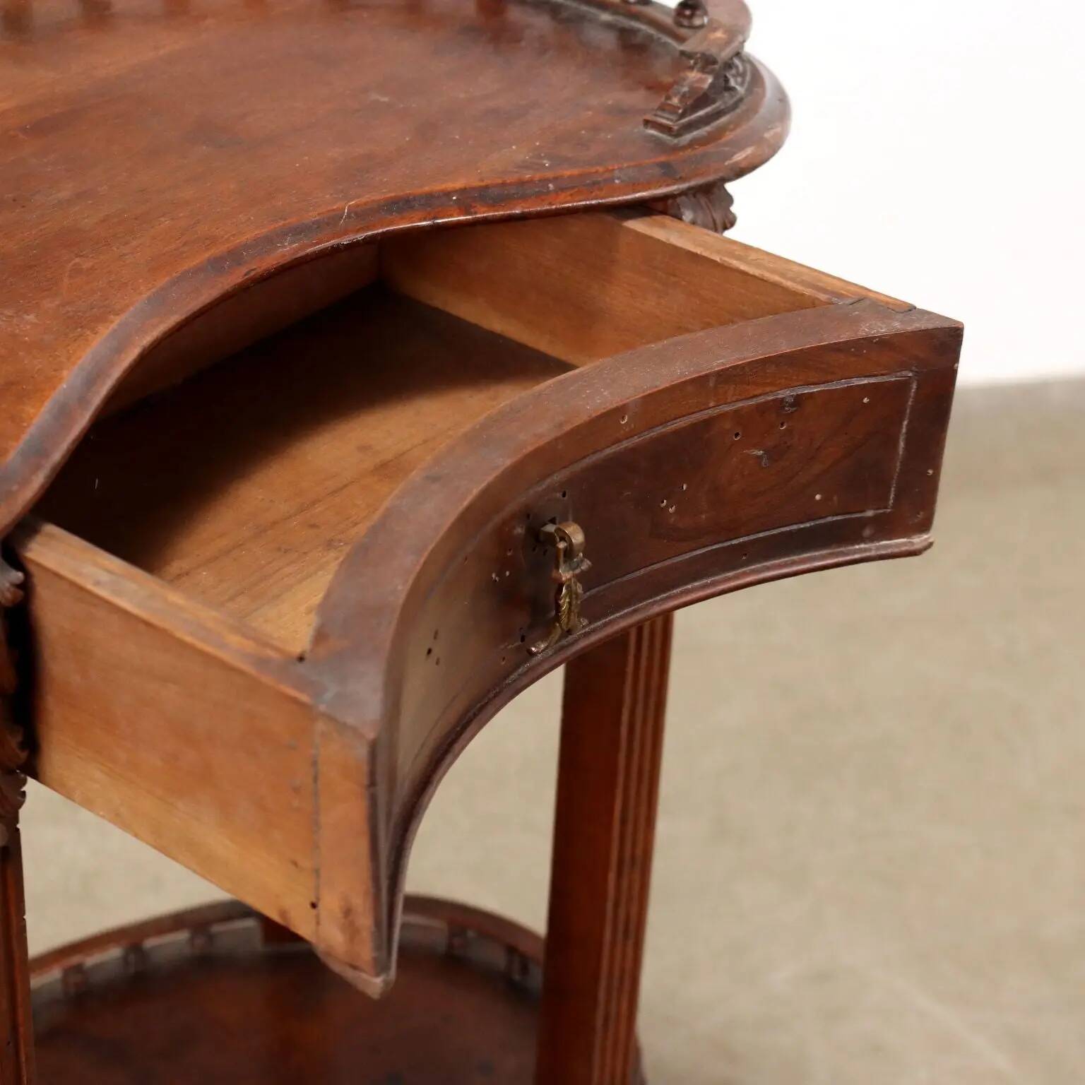 Antique walnut coffee table with decorations, Italy, 19th century.
