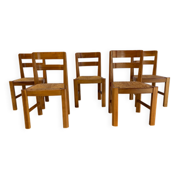 Vintage oak and wicker brutalist dining chairs, 1960s