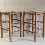 High stool in solid wood and straw - mid. 20th century