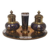 Ensemble à épices, doré bleu marine, laiton émaillé, Thaïlande, années 60