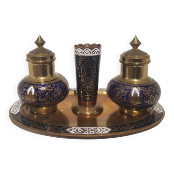 Ensemble à épices, doré bleu marine, laiton émaillé, Thaïlande, années 60