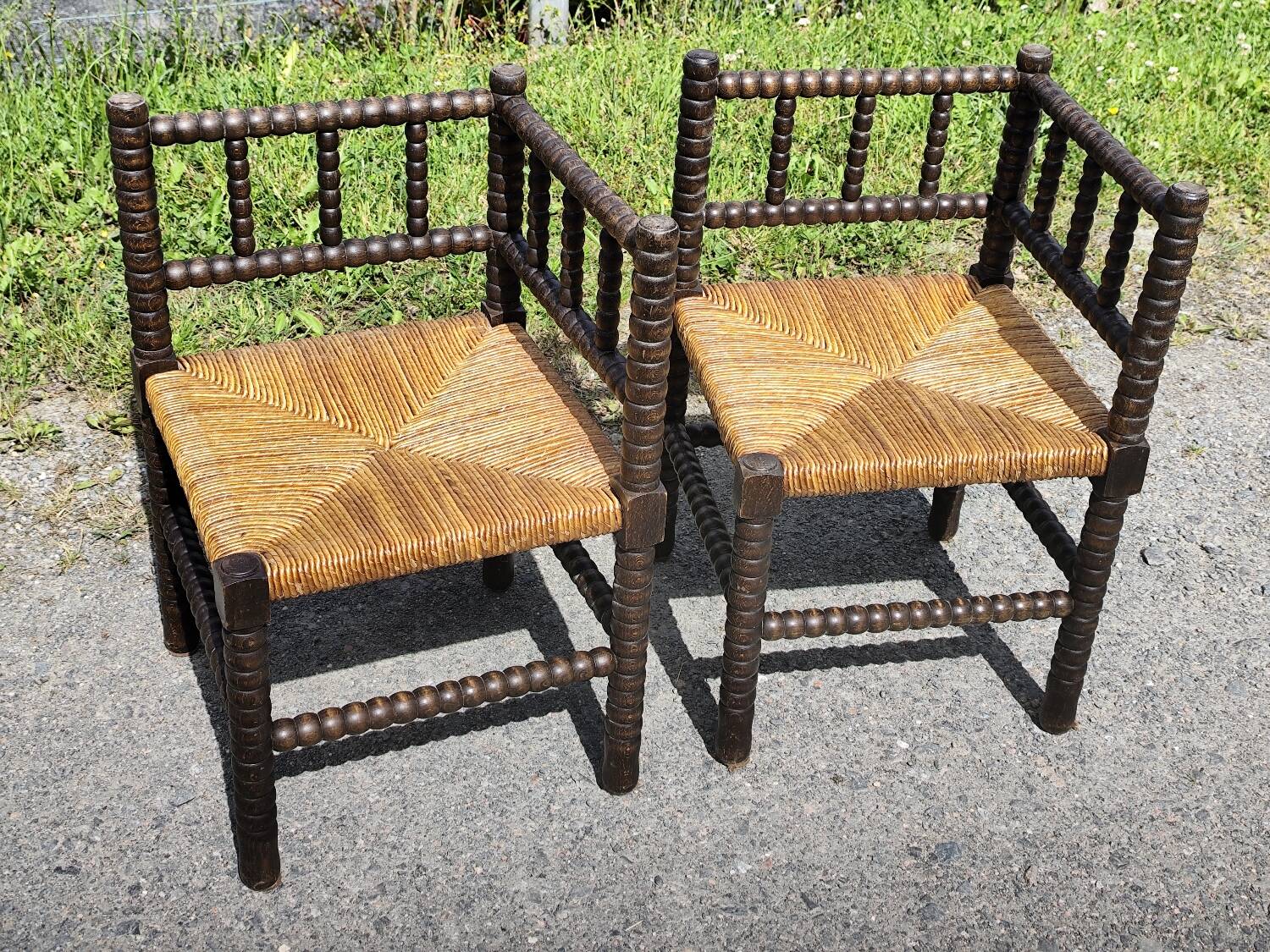 Pair of Bobbin armchairs, corner fire seat, corner