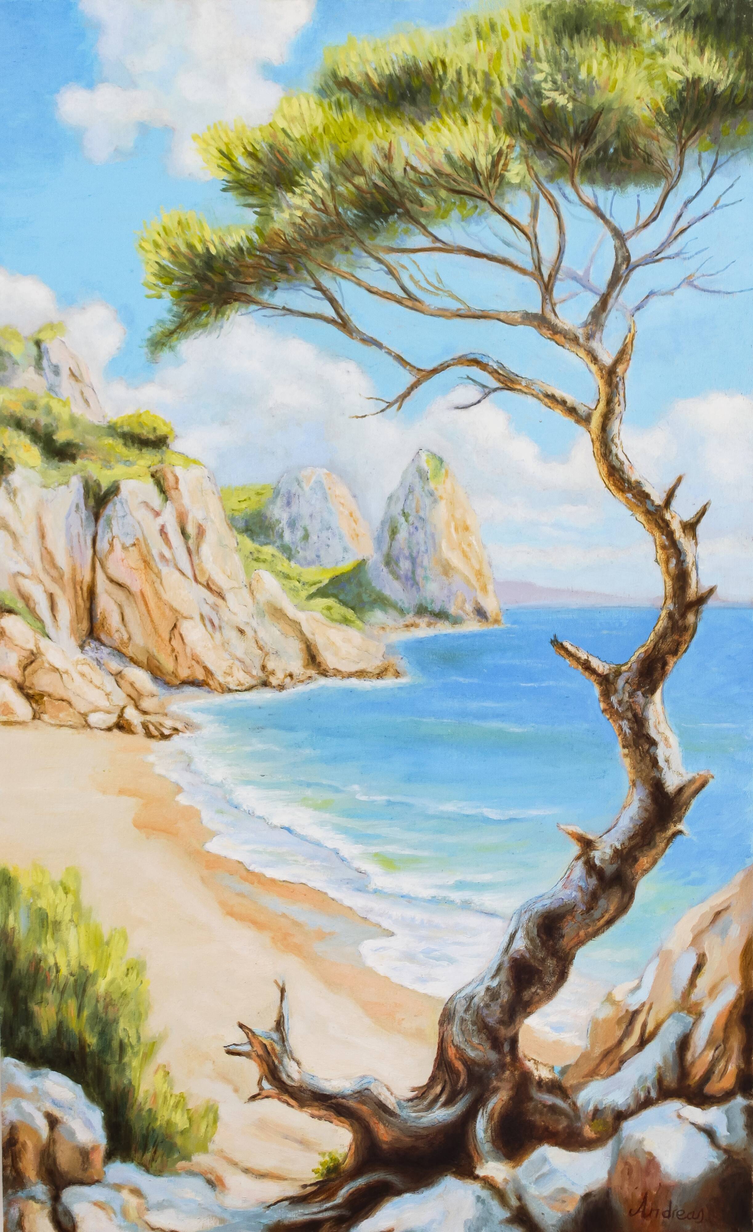 Oil painting of a beach signed. Sea in oil signed. Painting of a beach.