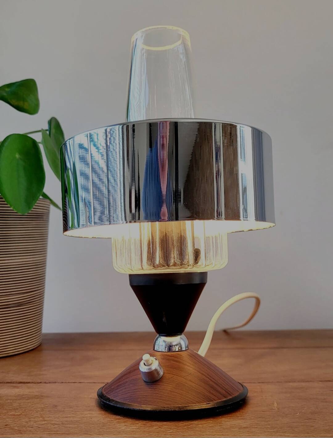 Wooden table lamp with chrome finish, 1950s