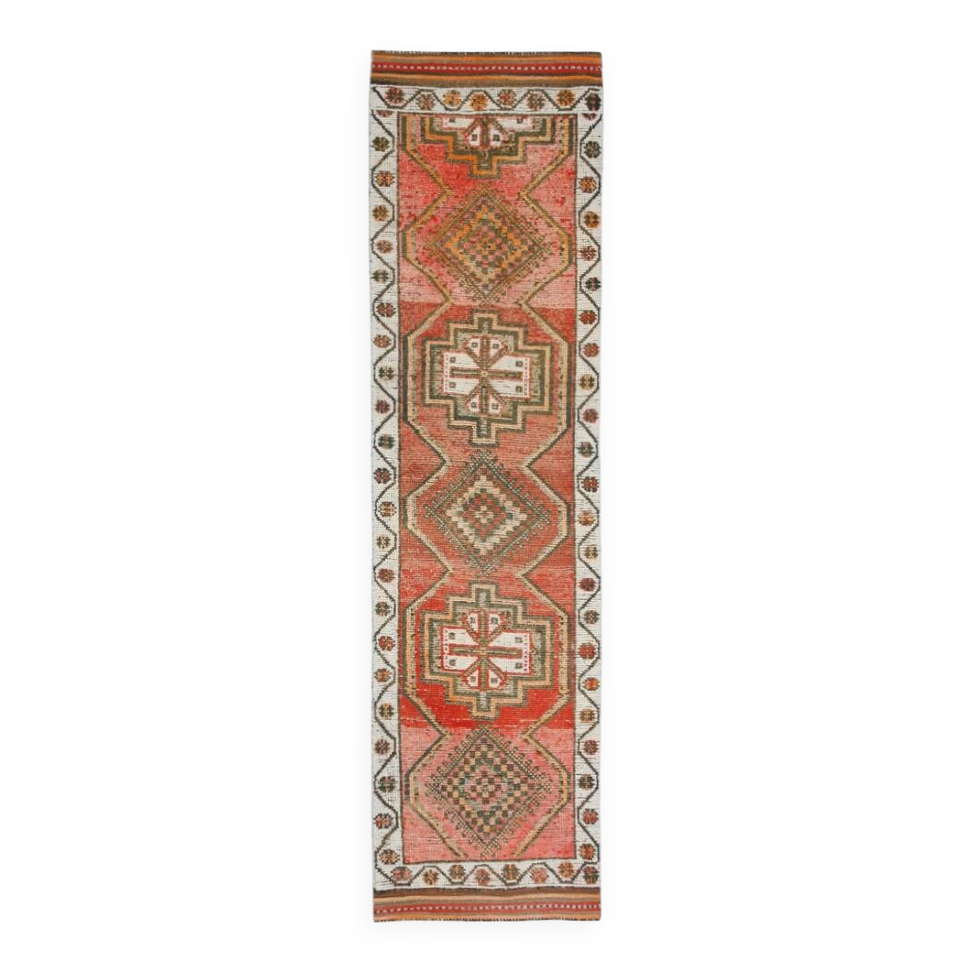 Brick Red Geometric Style Turkish Oushak Runner Rug, 90x340 Cm