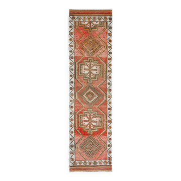 Brick Red Geometric Style Turkish Oushak Runner Rug, 90x340 Cm