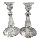 Paire de bougeoirs verre moulé, forme florale/godronnée, verrerie de portieux. années 50.
