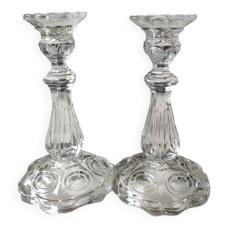 Pair of Bougeoirs Torches/Moulded glass, floral/godronnée shape. Glassworks of Portieux. 50s.