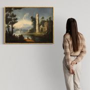 Antique painting river landscape with ruins and fishermen from the XVIIIth century