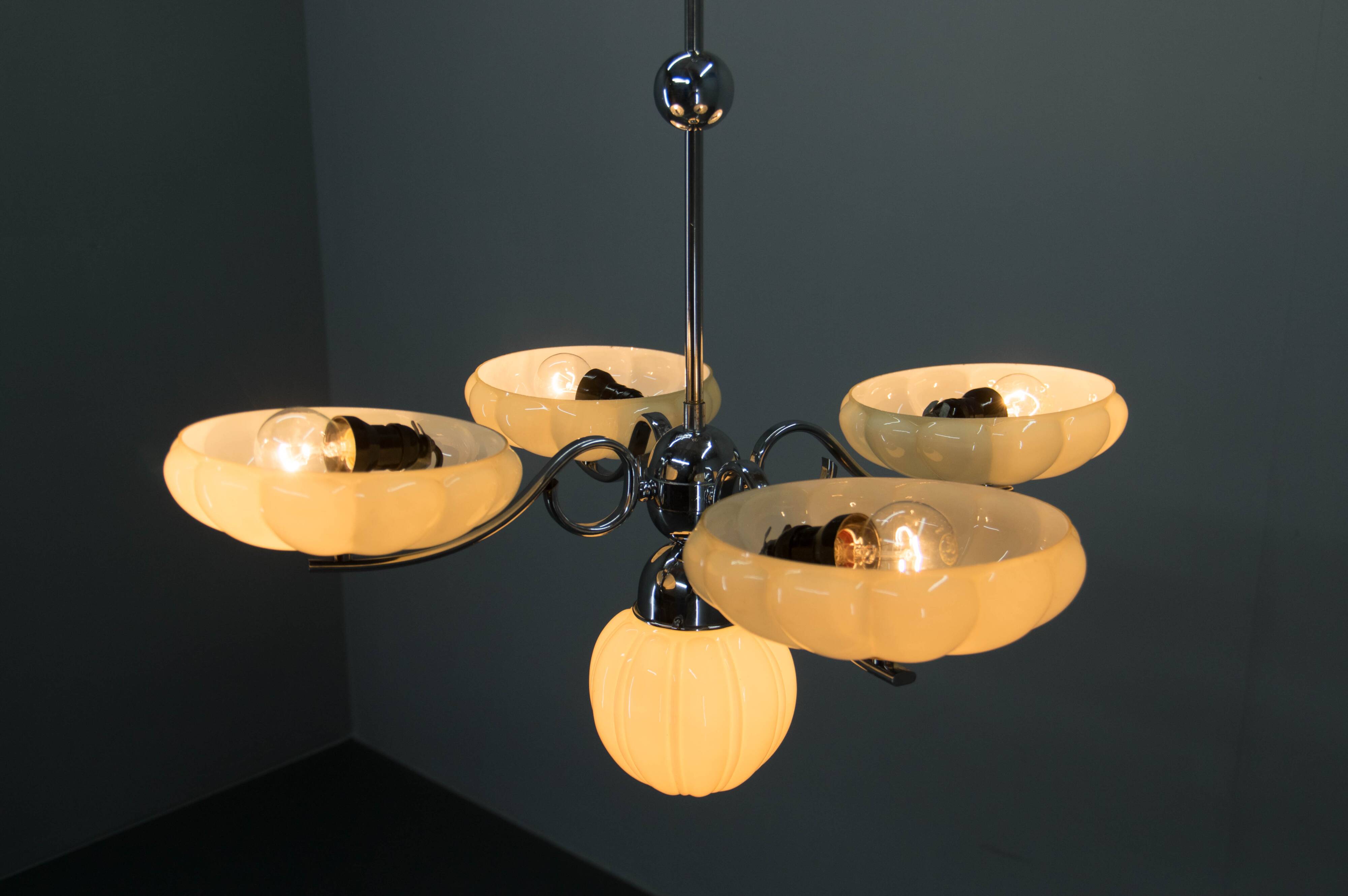 Art Deco Chrome and Glass Chandelier, 1930s