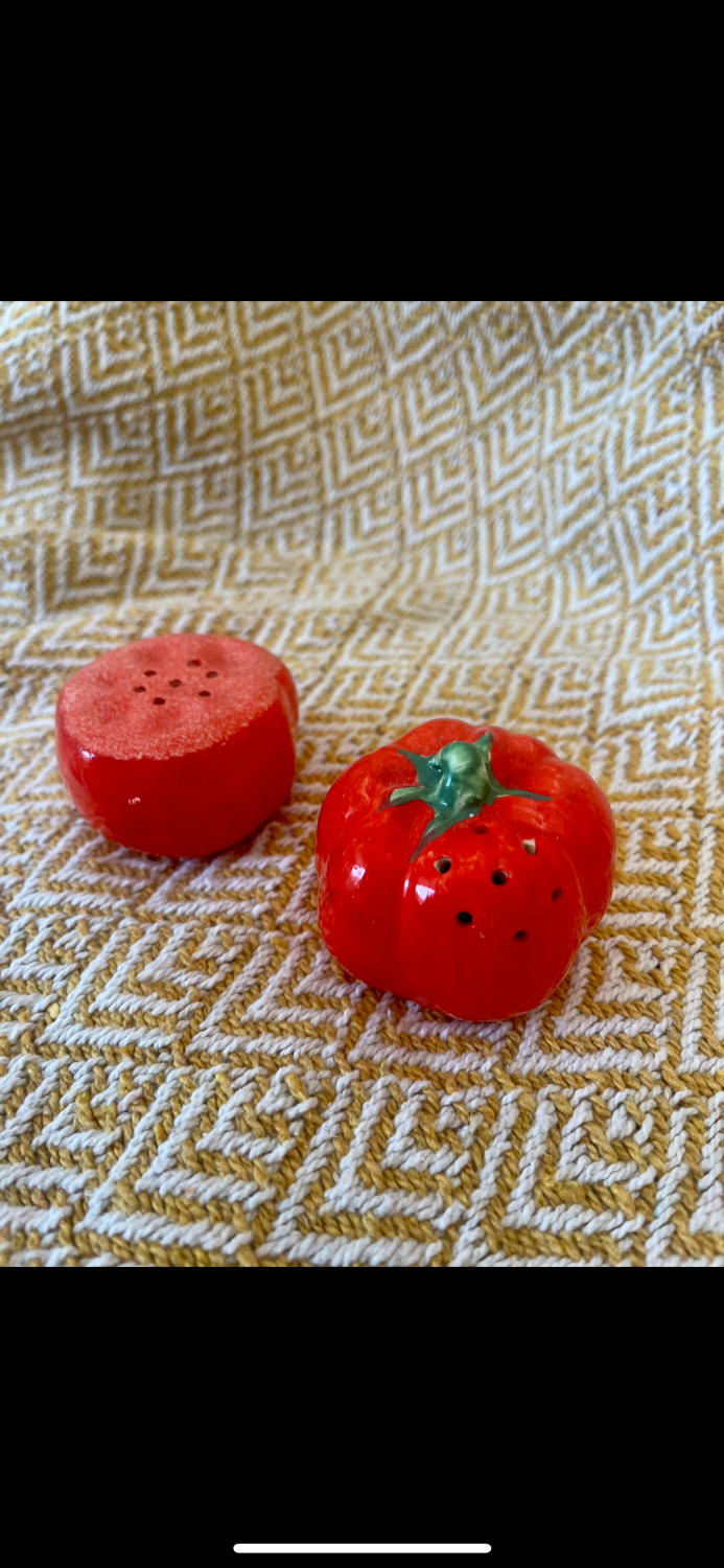 Vintage earthenware set – tomato salt and pepper shakers.