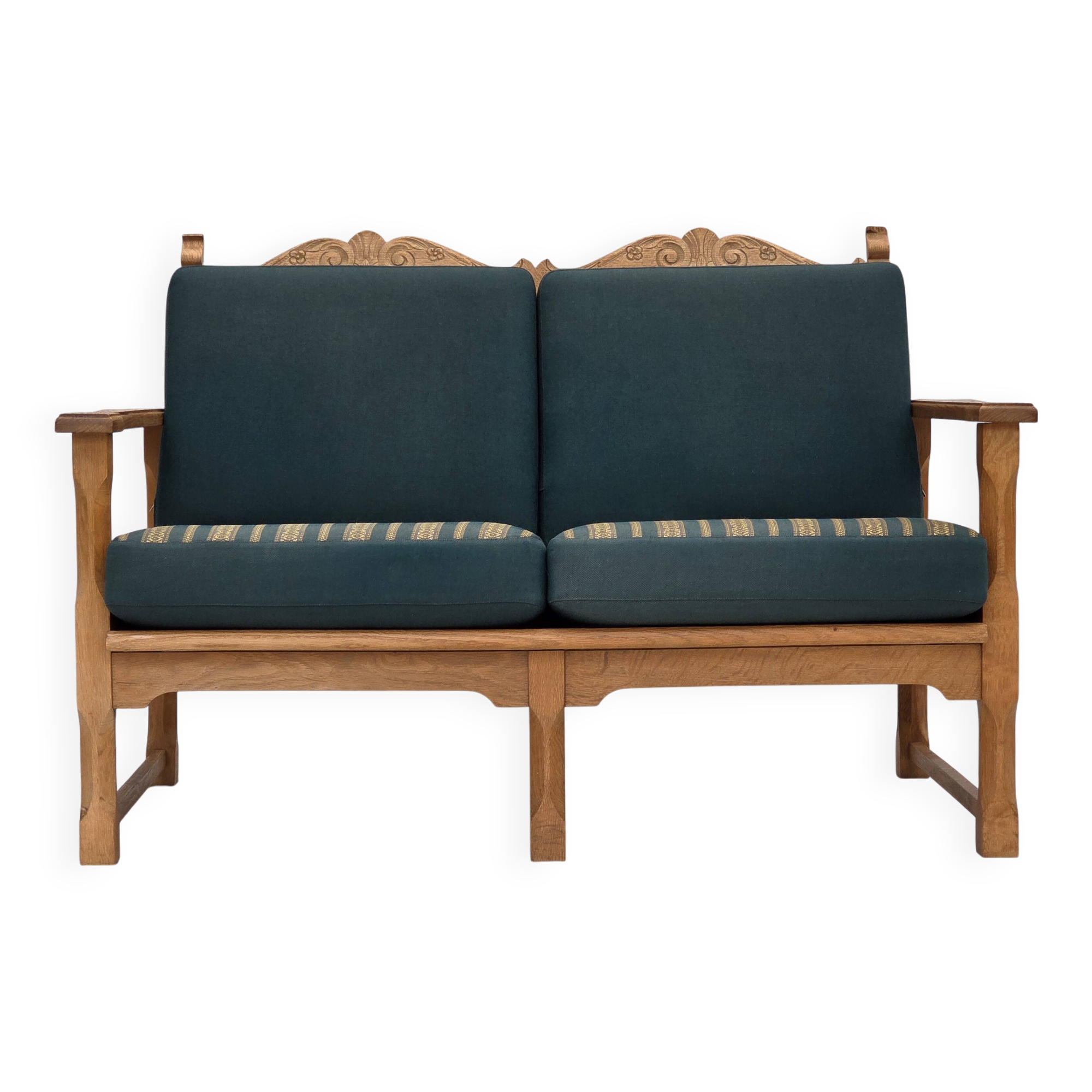 1970s, Scandinavian 2-seater sofa, furniture wool, solid oak wood.