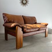 Old 2-seater leather and walnut sofa design 70s Mobil Girgi Mario Marenco vintage Italy