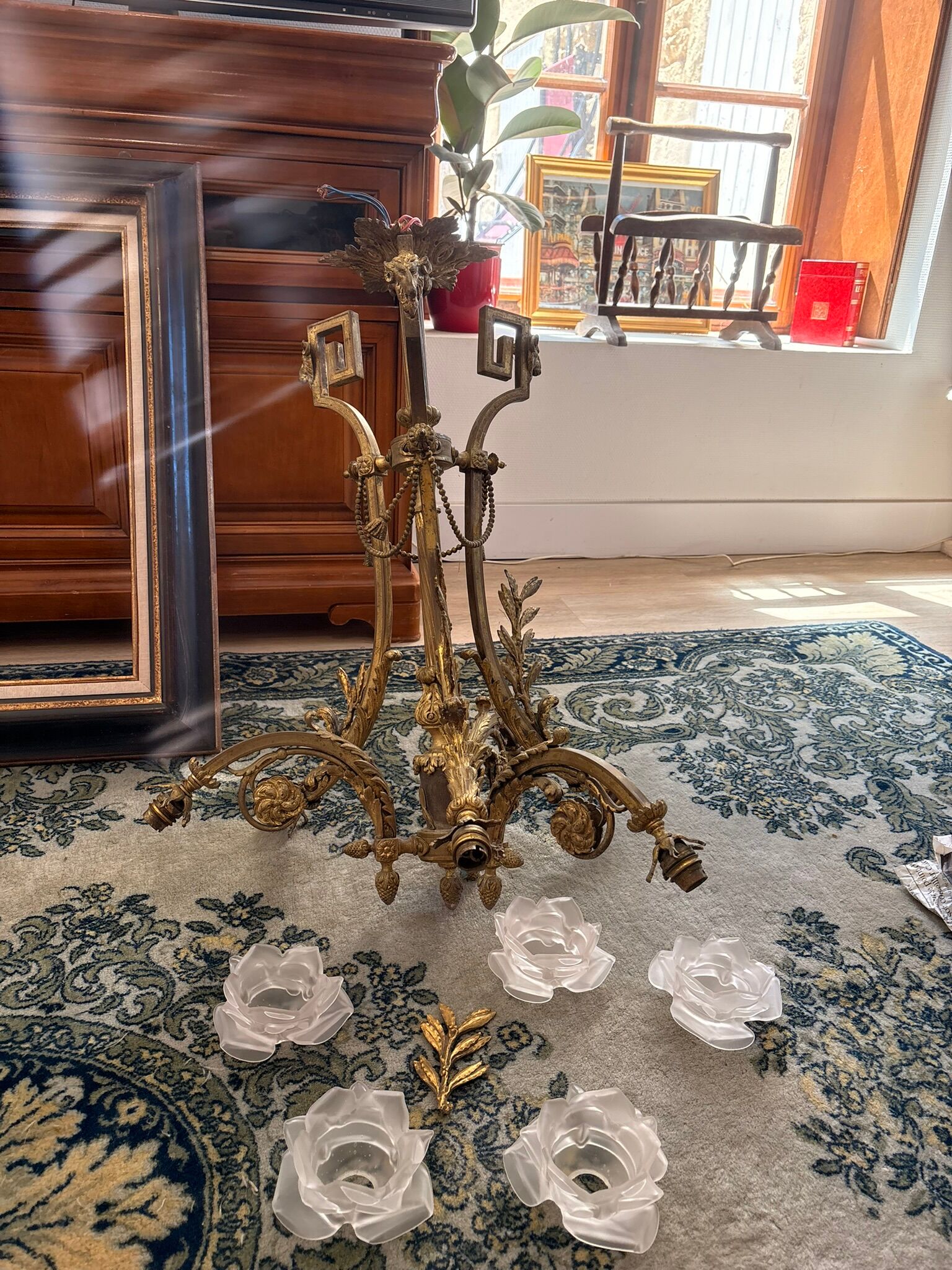 Lustre Bronze Ceiling Light Empire Return Egypt Ram 6 Lights Frosted Glass
