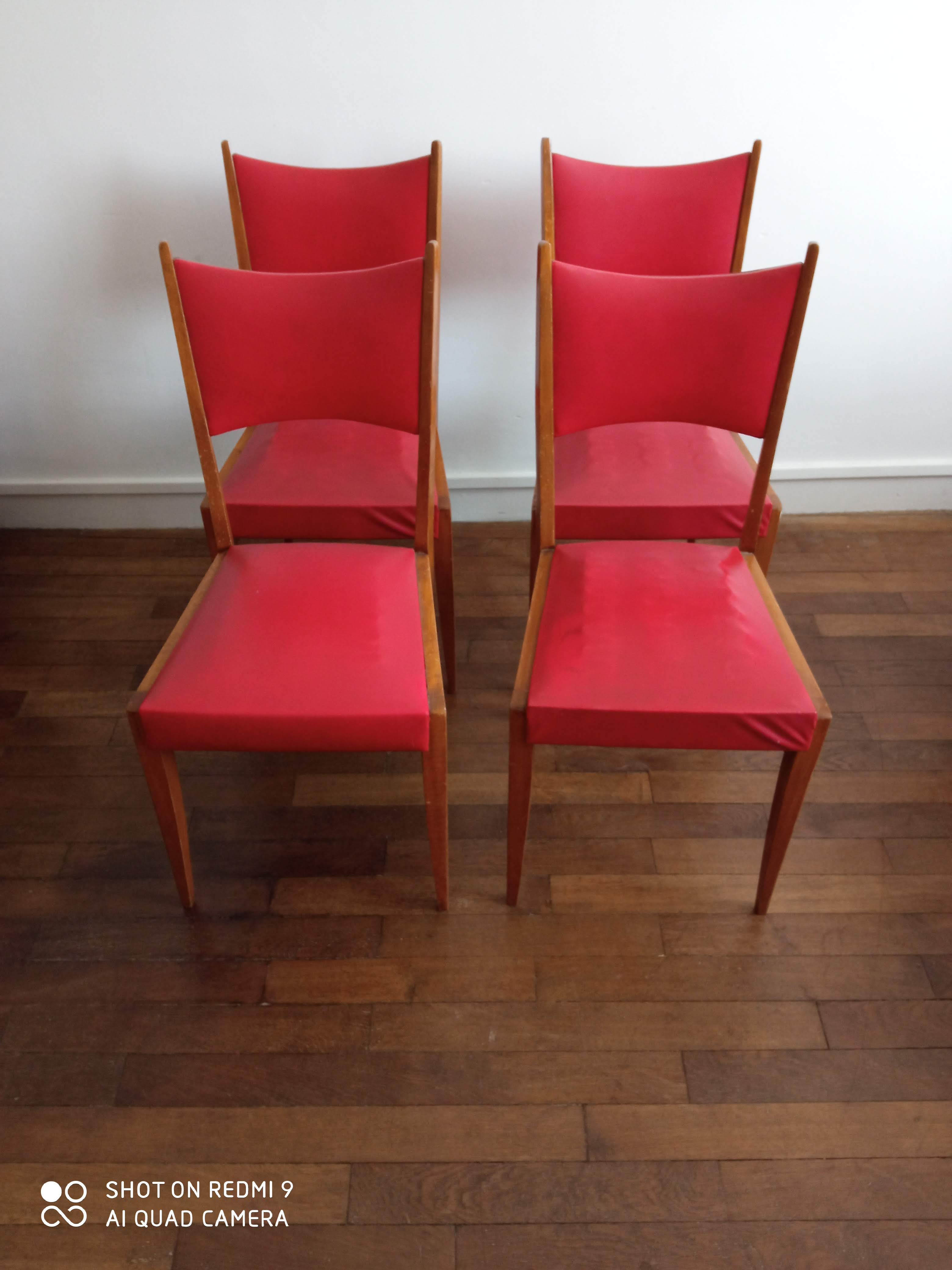 4 chaises années 50 en bois et skaï