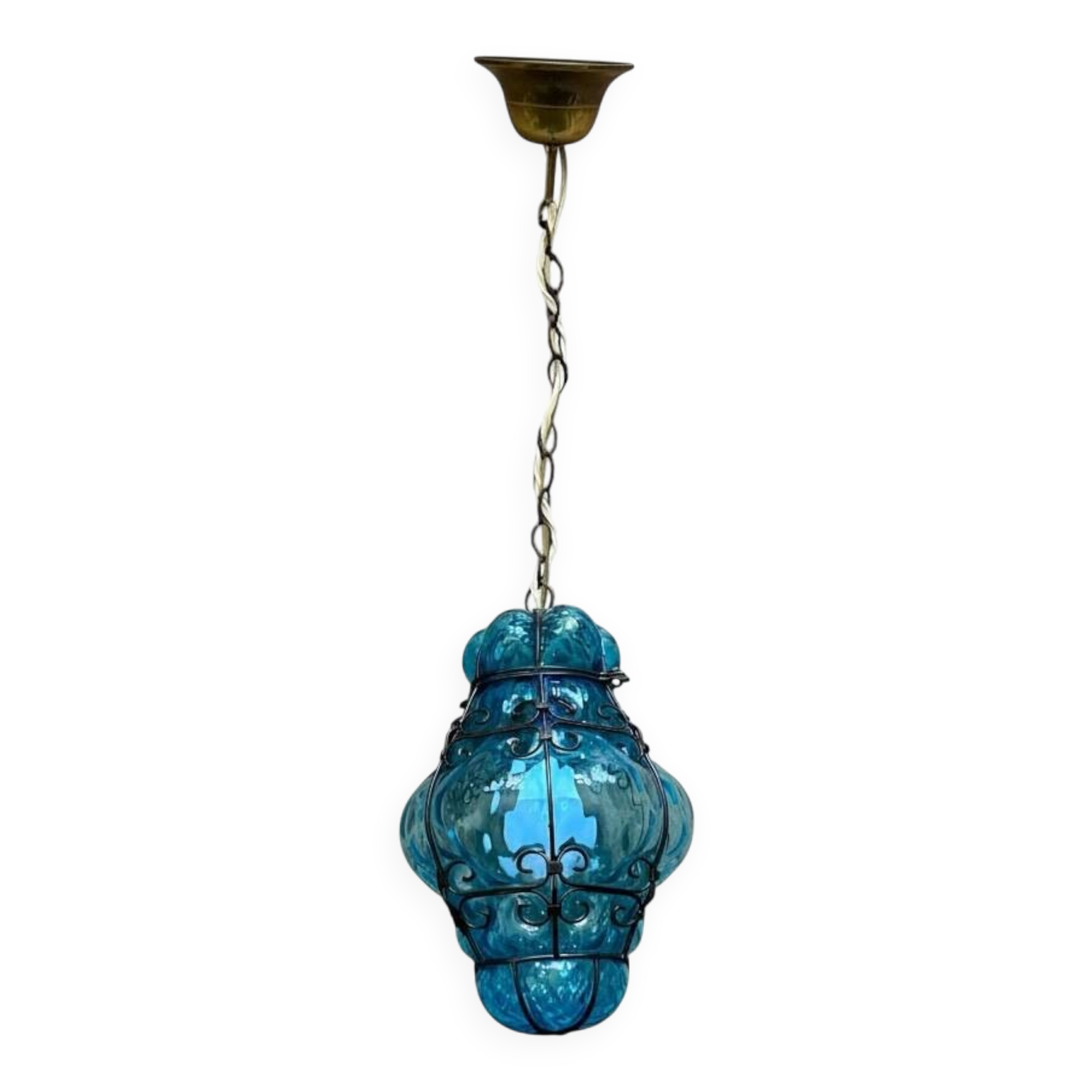 Old suspension glass cage blown Venetian lantern blue