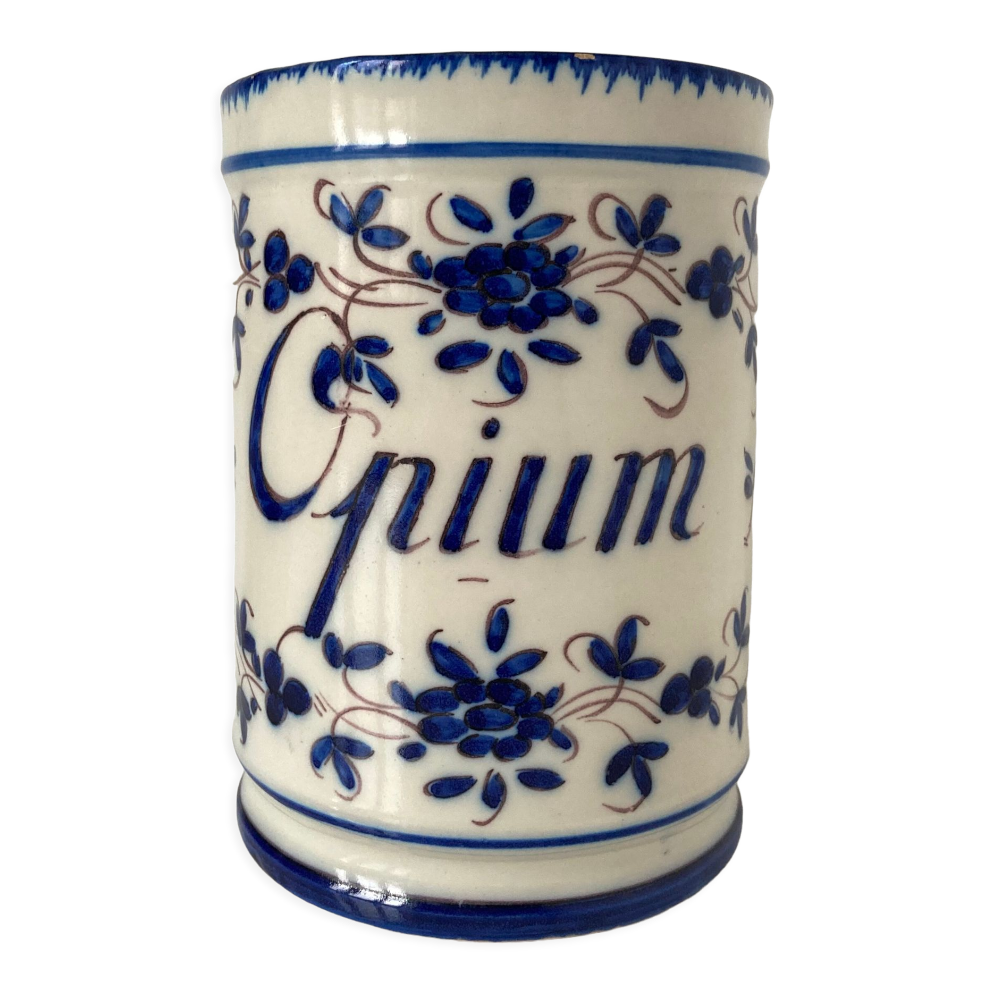 Pot à ustensiles inscrit « opium » en faïence de Martres-Tolosane à décor bleu-blanc