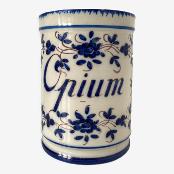 Utensil pot inscribed "opium" in Martres-Tolosane earthenware with blue-white decoration