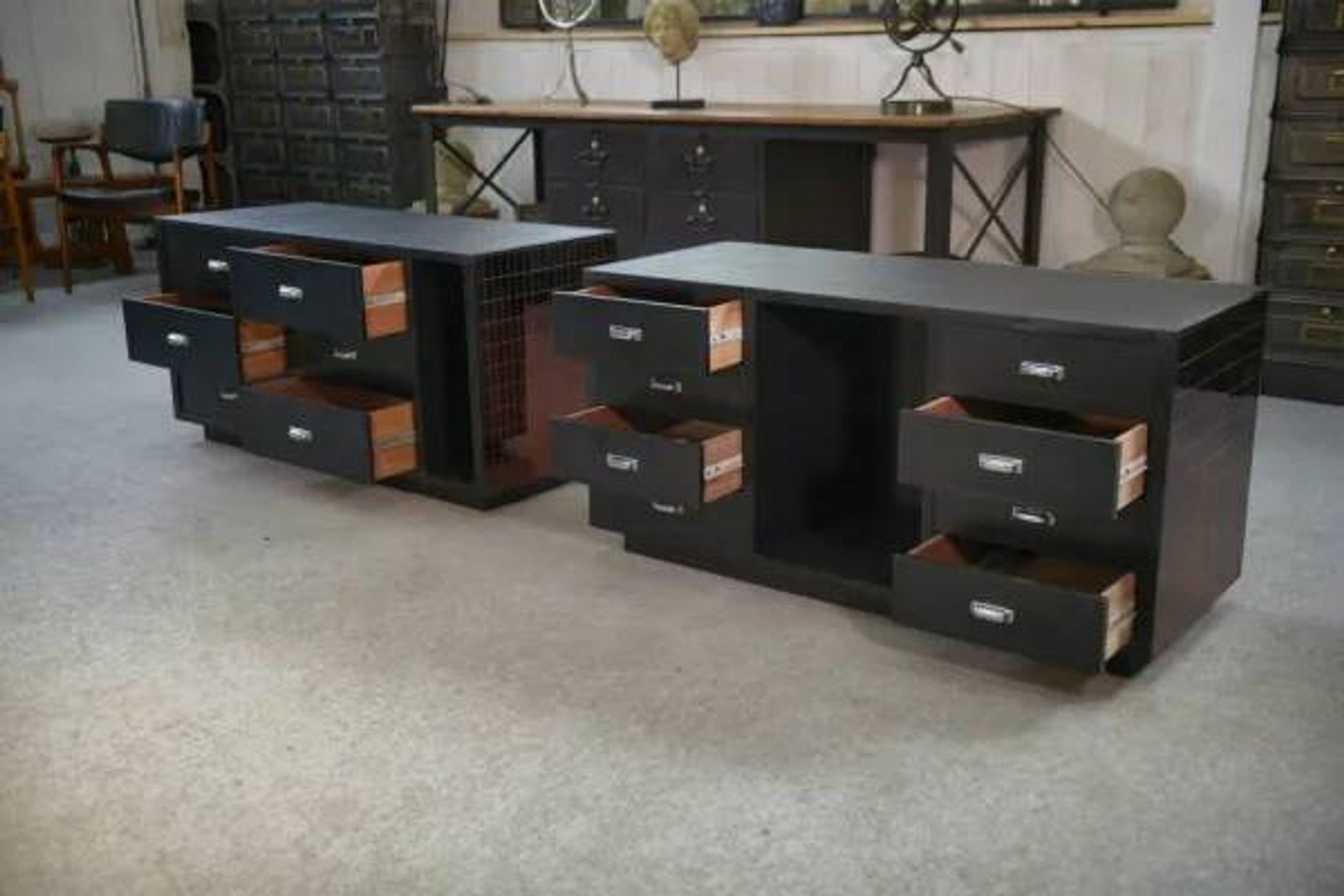 Set of 2 smoked mirrored dressing tables/jewelry counters with drawers 1970s