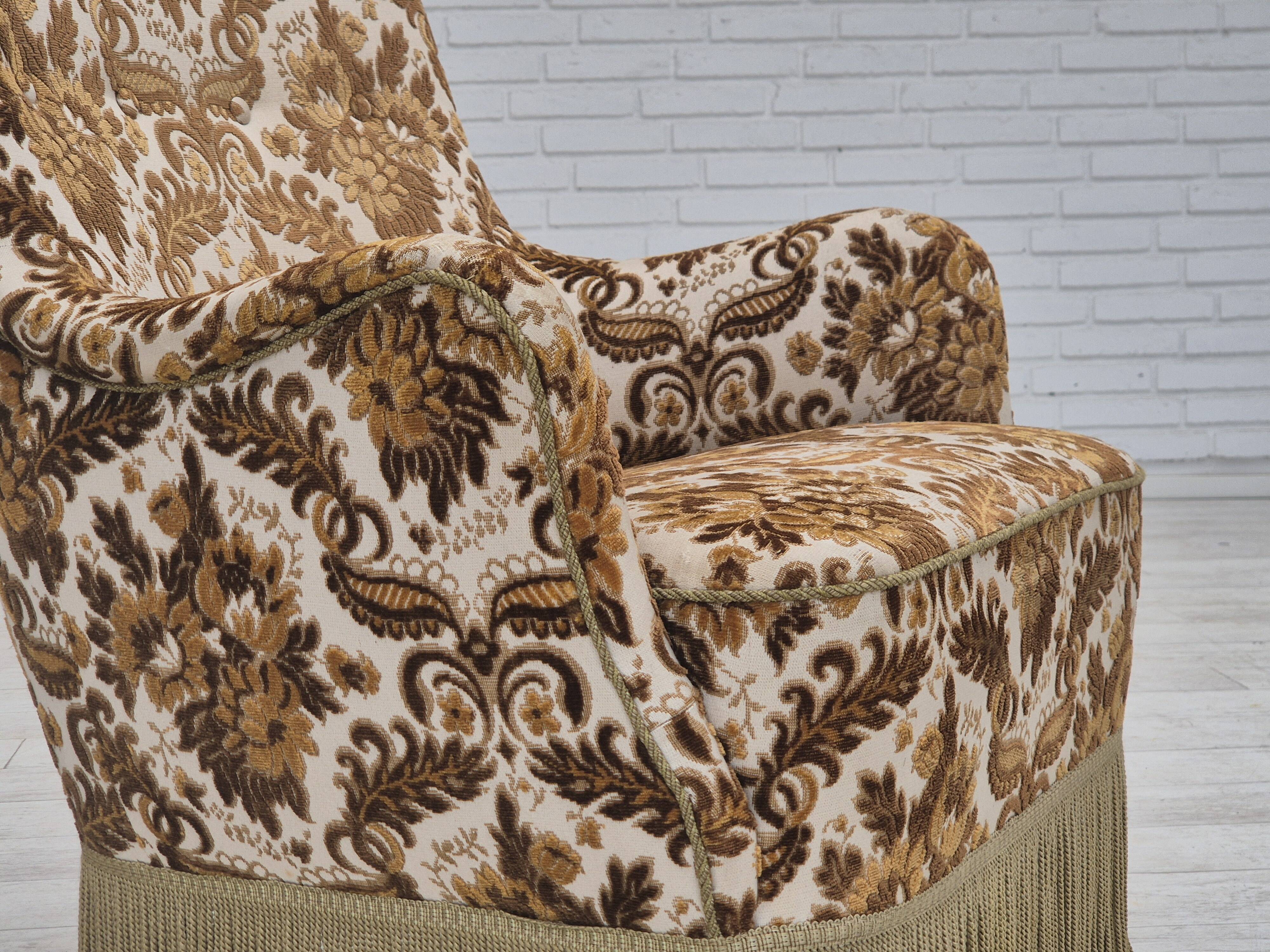 1960s, Danish highback armchair, furniture velour fabric, ash wood.