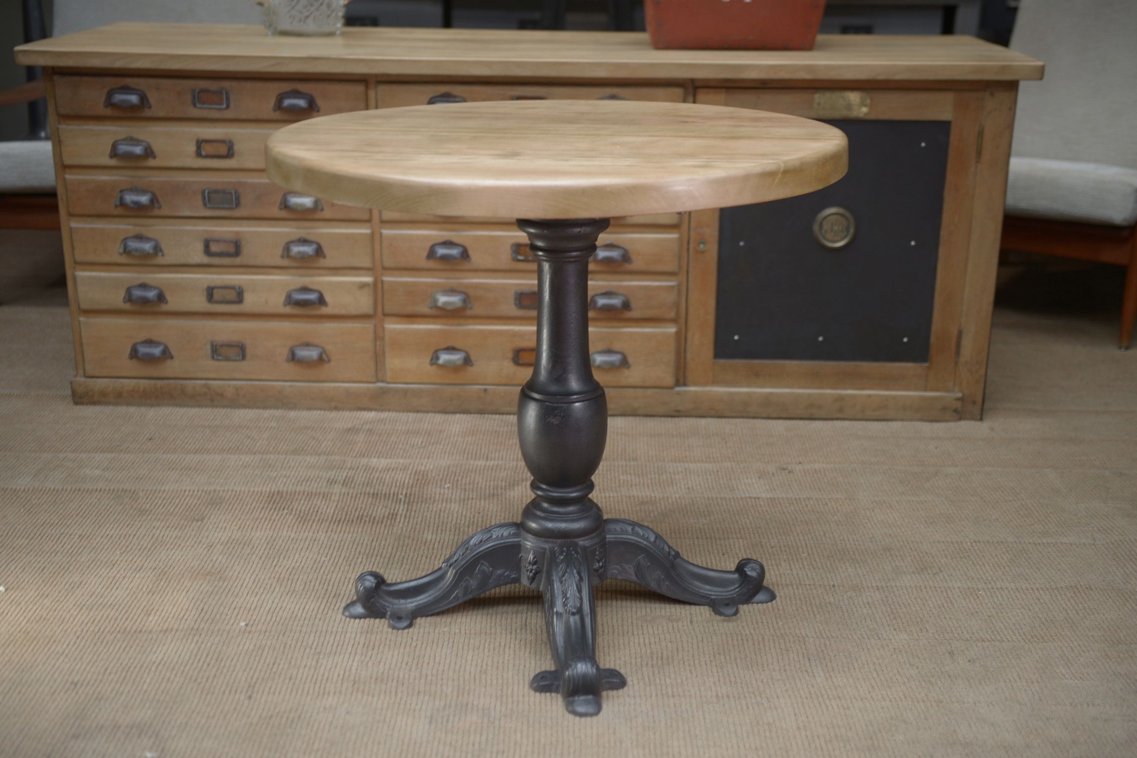 Cast iron pedestal table 1900 Round beech top