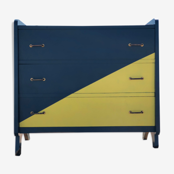Commode vintage années 60 relookée bleu et jaune