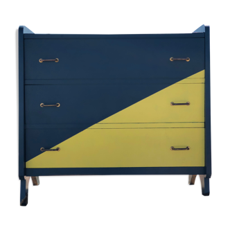 Commode vintage années 60 relookée bleu et jaune