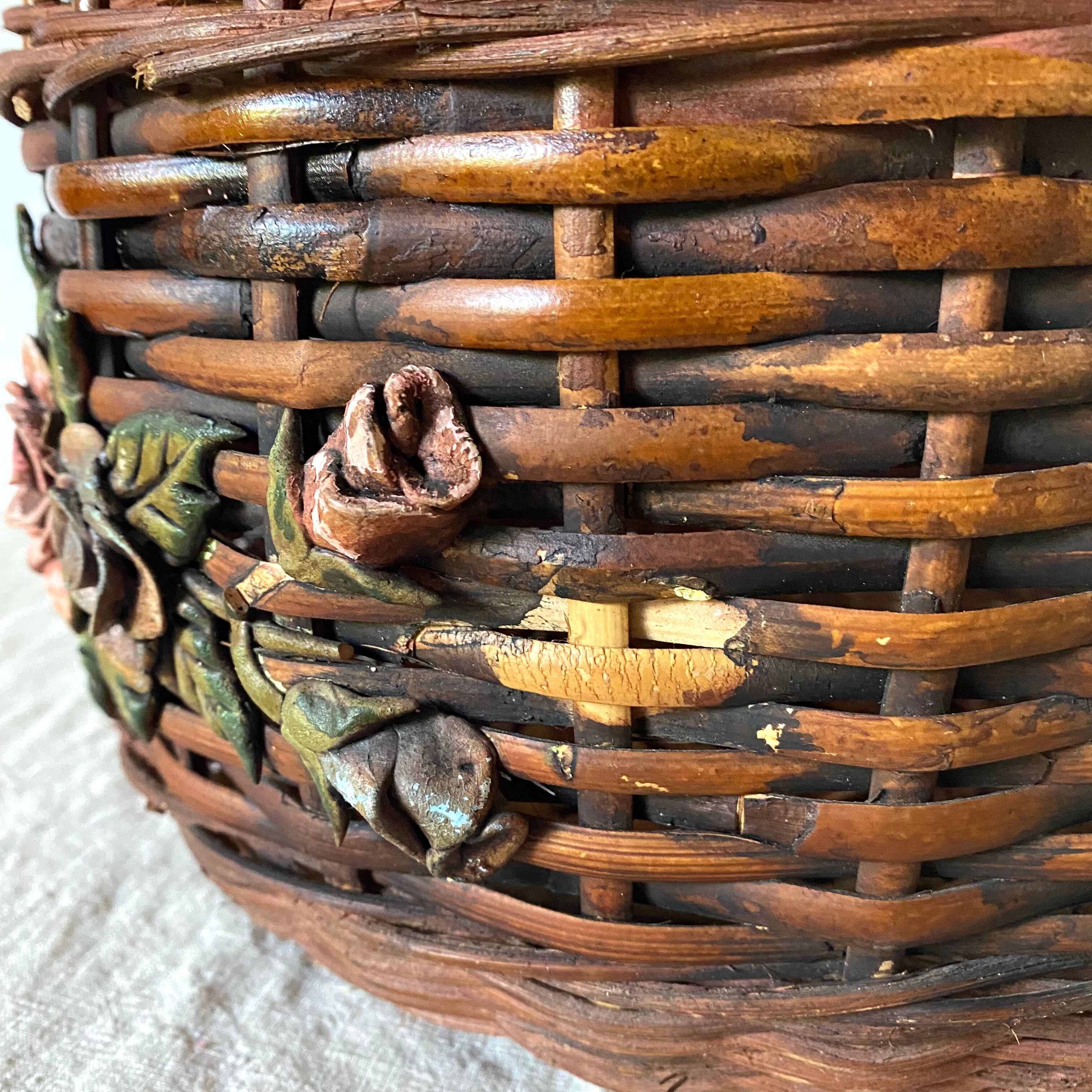 Flowery woven wicker basket