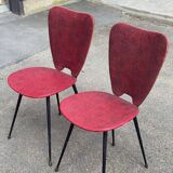2 petal chairs in burgundy red skai leather and black metal 1950 Sery