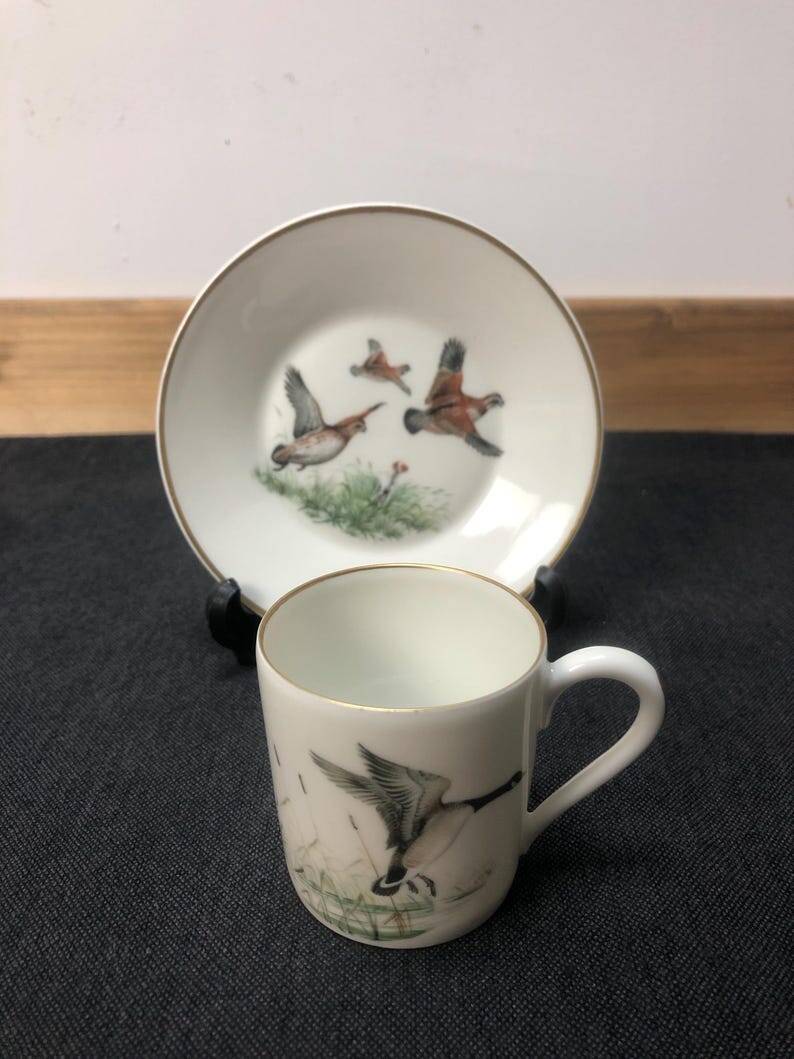 Porcelain de Paris Espresso Cup & Saucer Set: Bird Motif, Gilded, 1950s