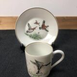 Porcelain de Paris Espresso Cup & Saucer Set: Bird Motif, Gilded, 1950s
