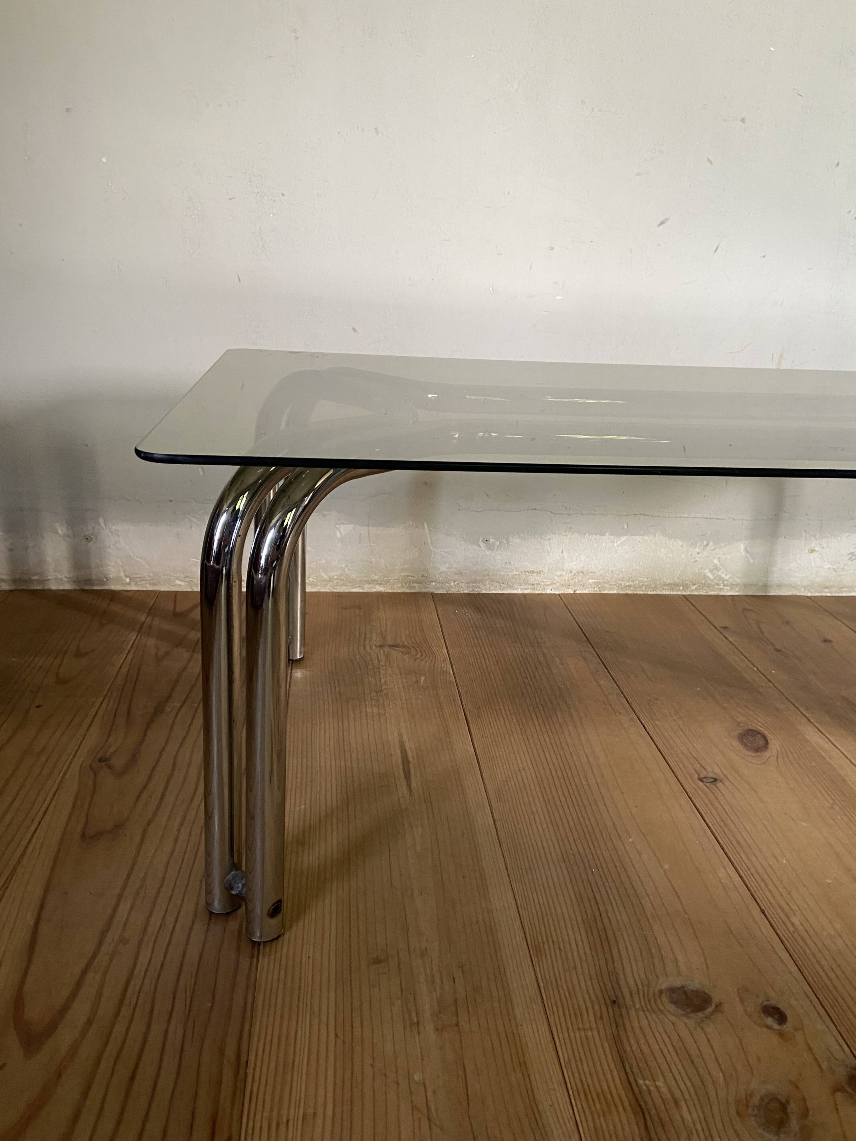 Vintage 70s table in tubular chrome and smoked glass