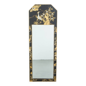 Miroir chinois vintage laqué noir et motifs colorés