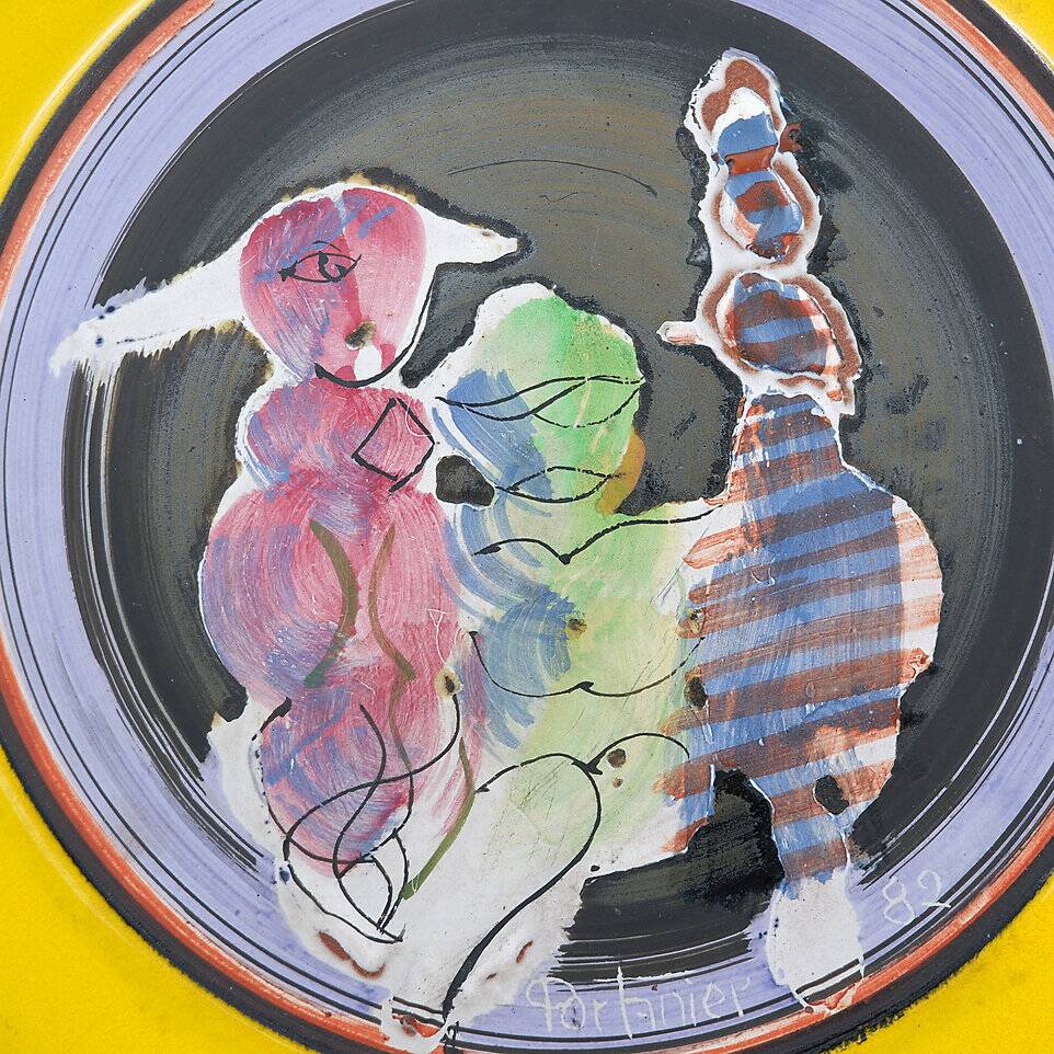 Gilbert Portanier Unique Art Yellow Pottery Plate Signed - 1982 - Vallauris