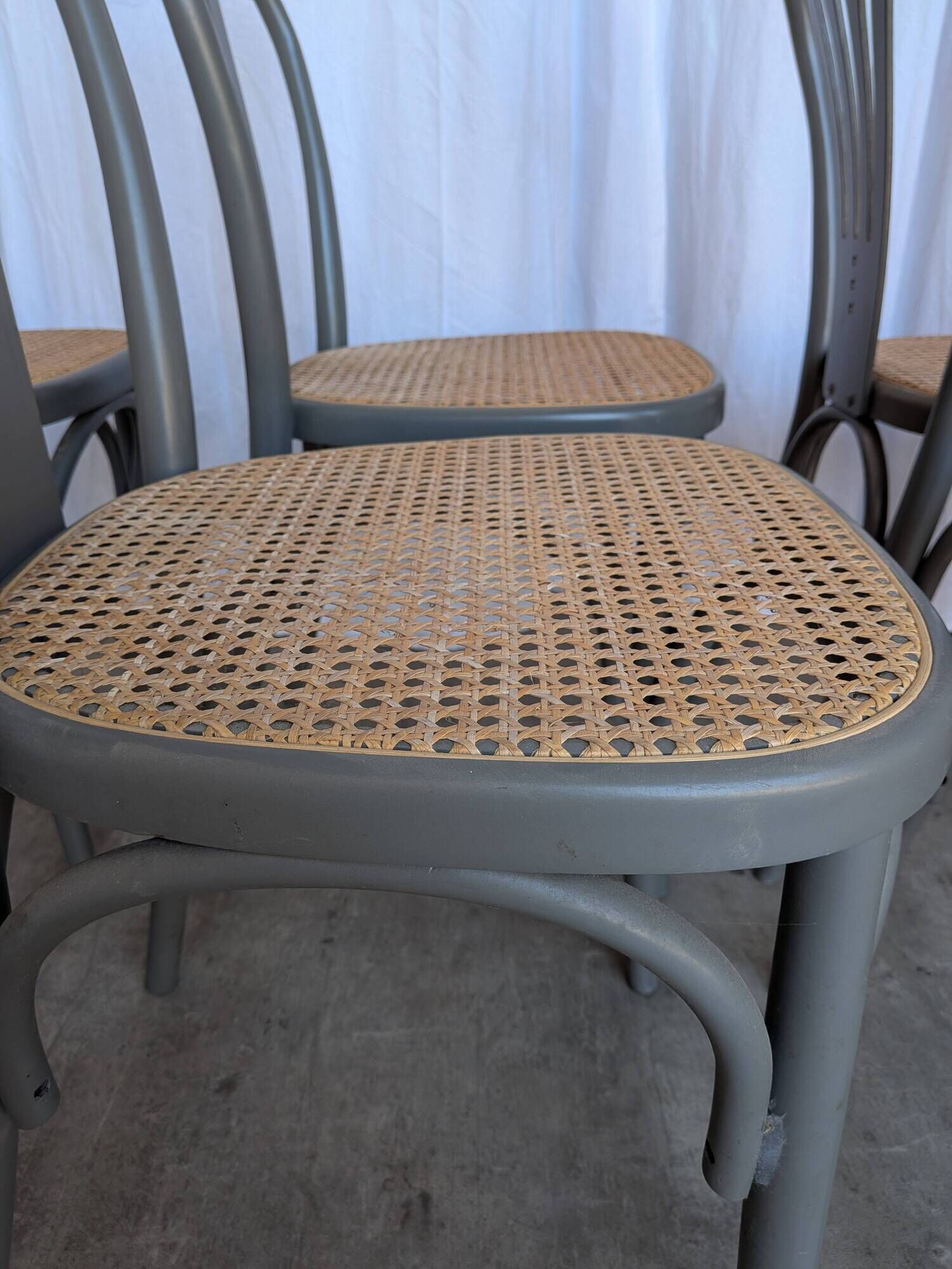 Set of 8 Vintage Gray Bentwood Dining Chair: Thonet Style Cane Seat