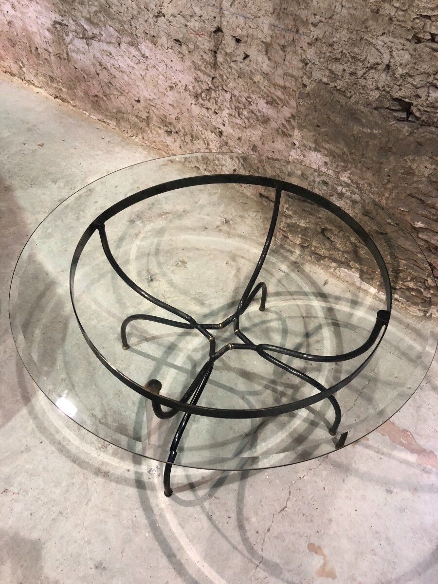 Dining room table base wrought iron and brass, glass top., 1980s