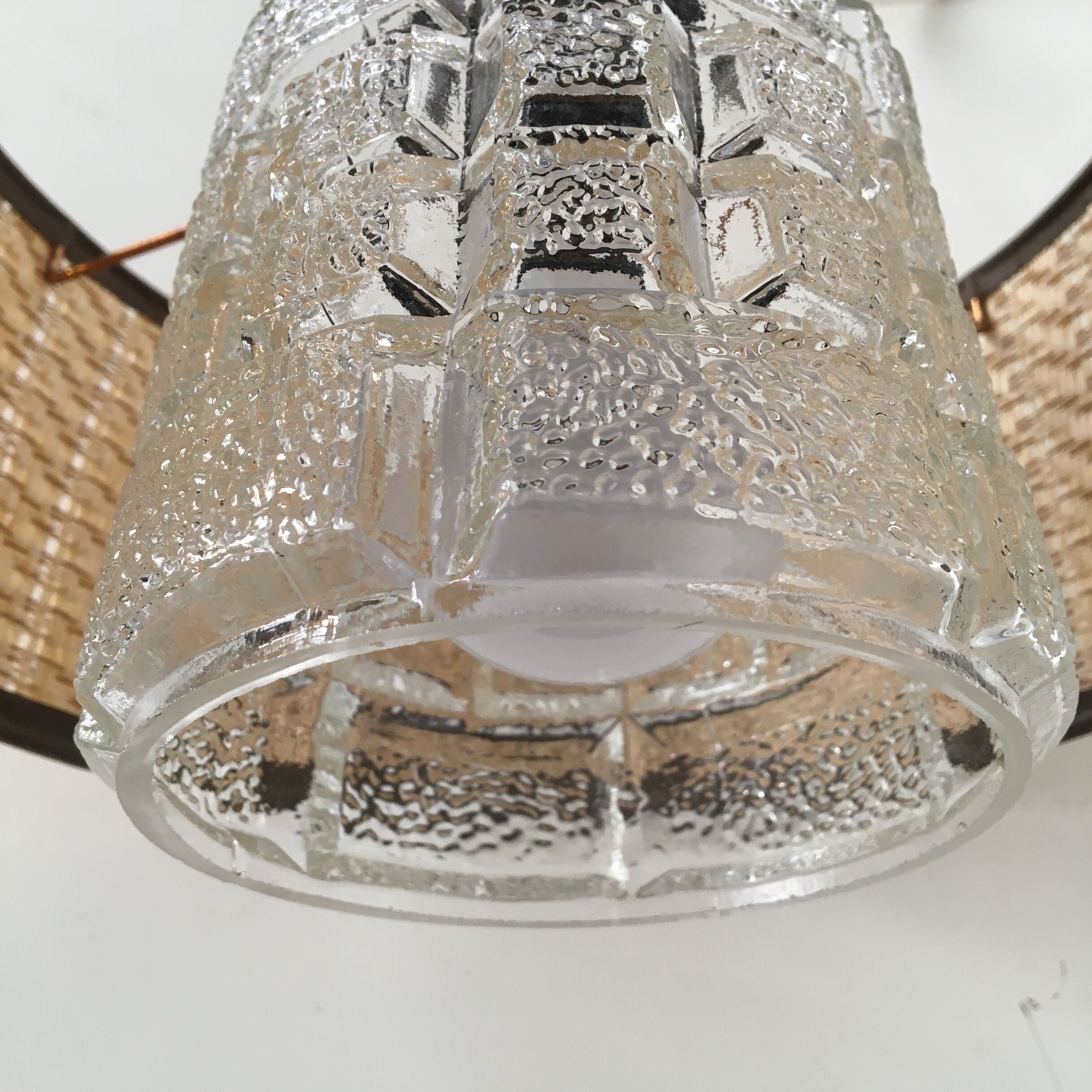 Vintage hanging lamp glass globe and raffia lampshade